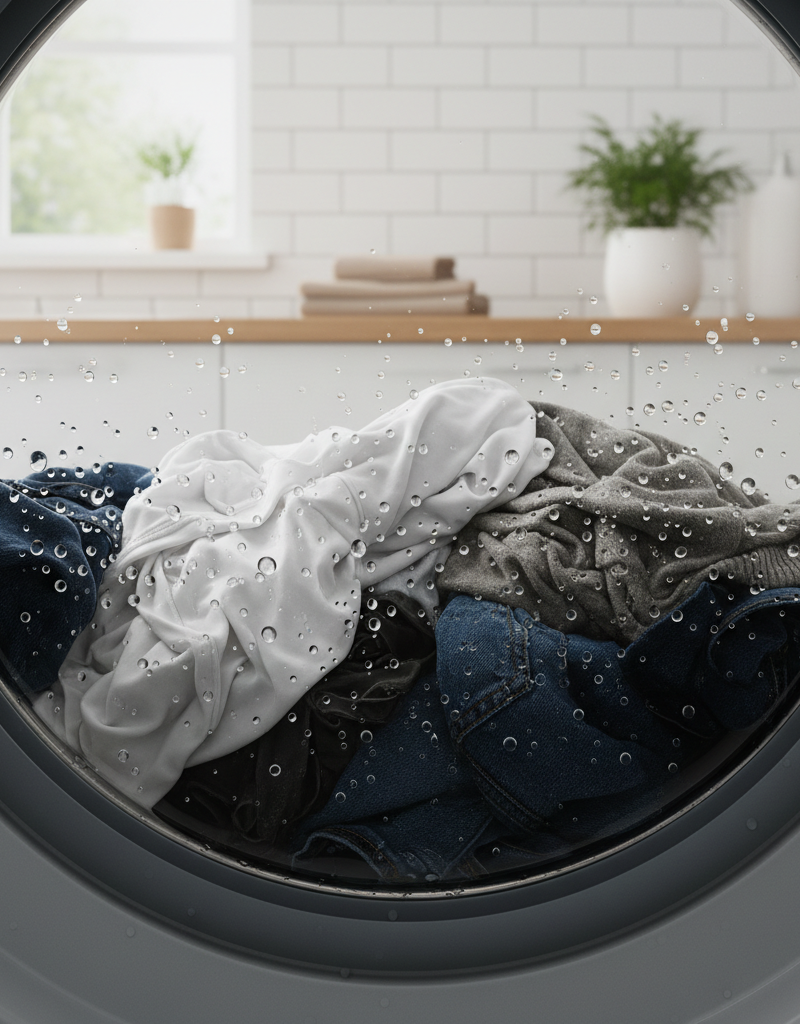 Soaking wet clothes inside a front-load washing machine, indicating a failed spin cycle