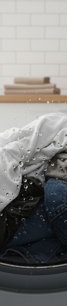 Soaking wet clothes inside a front-load washing machine, indicating a failed spin cycle