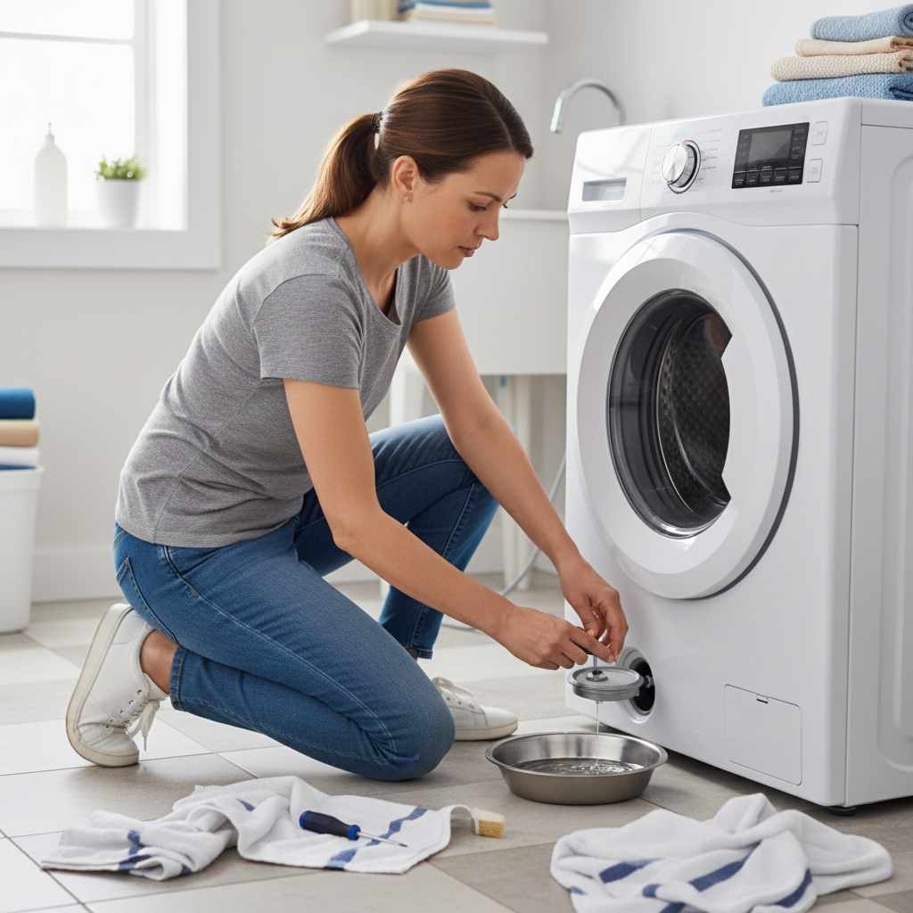 Woman troubleshooting a washing machine that won't drain by checking the drain pump filter