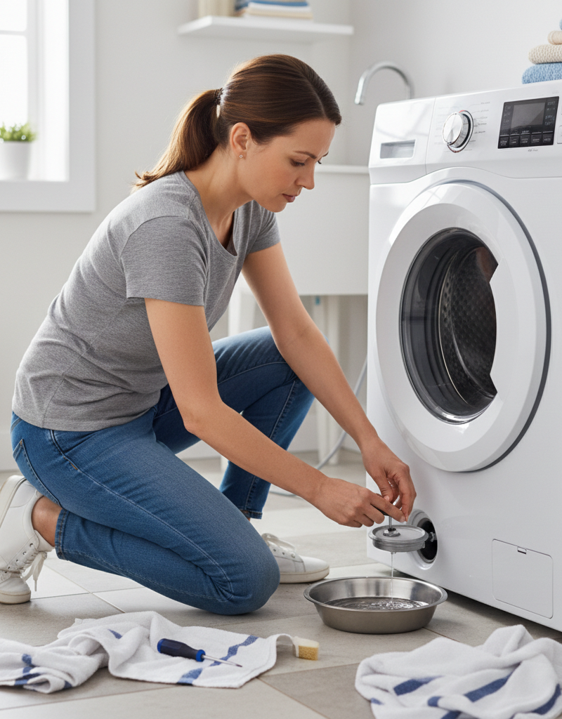 Woman troubleshooting a washing machine that won't drain by checking the drain pump filter