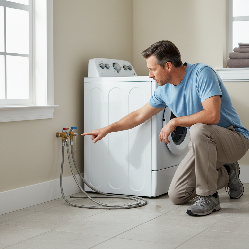 Homeowner checking water supply hoses and valves behind a washing machine that isn't filling with water.