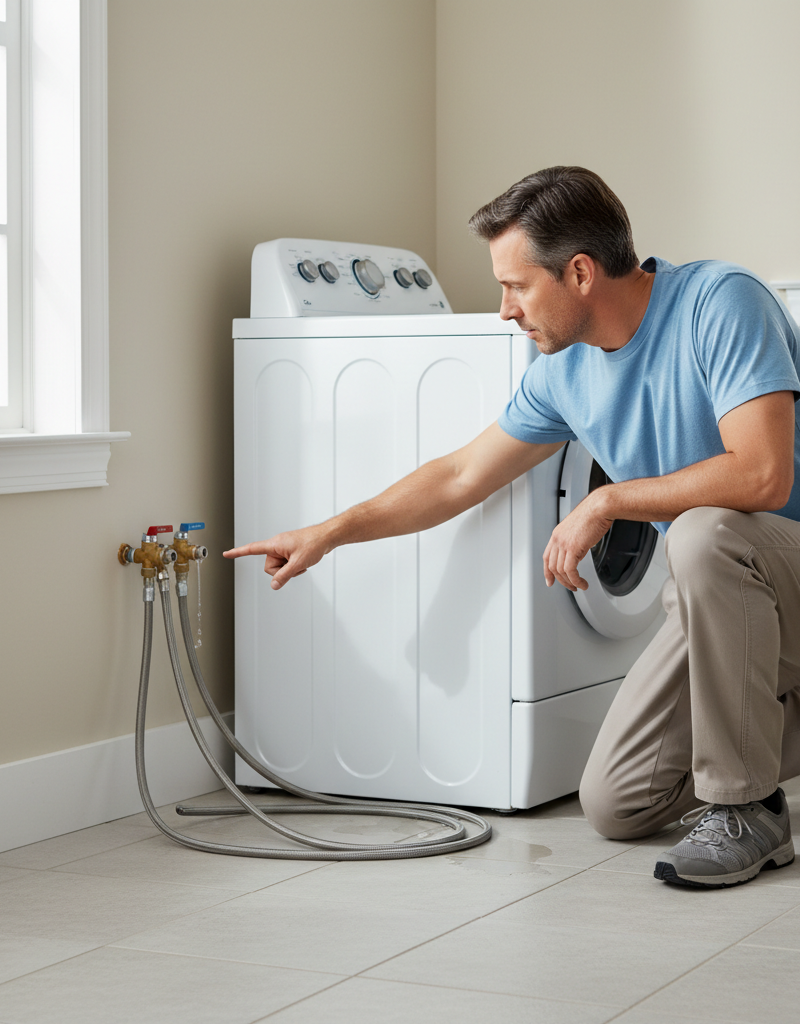 Homeowner checking water supply hoses and valves behind a washing machine that isn't filling with water.
