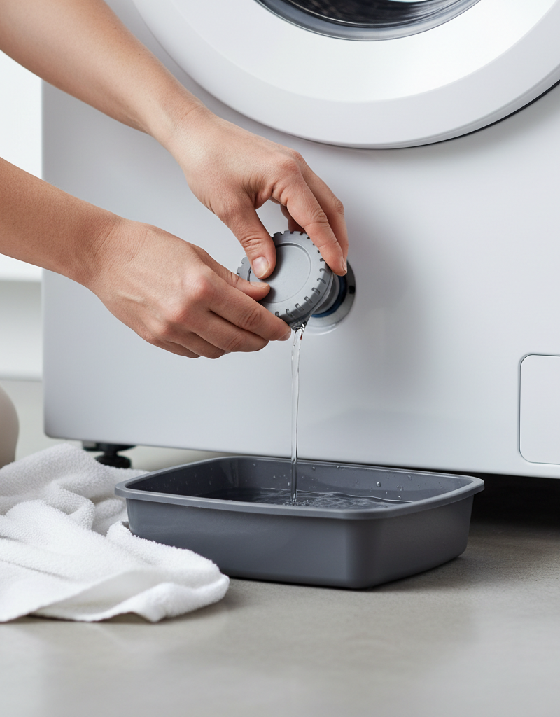 Homeowner cleaning a washing machine drain pump filter to fix draining and spinning issues.