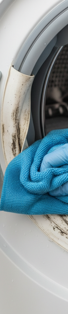Homeowner wearing rubber gloves cleaning black mold and grime from the rubber door gasket of a front-load washing machine.