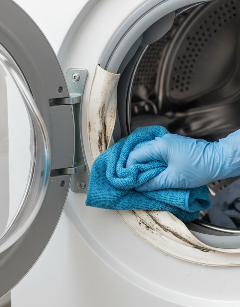 Homeowner wearing rubber gloves cleaning black mold and grime from the rubber door gasket of a front-load washing machine.