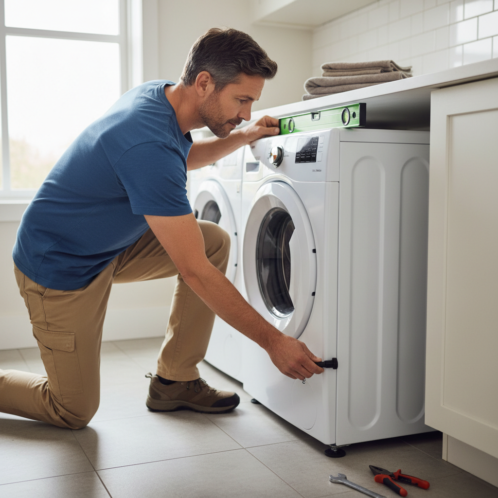 A man leveling a noisy washing machine with a spirit level and wrench.