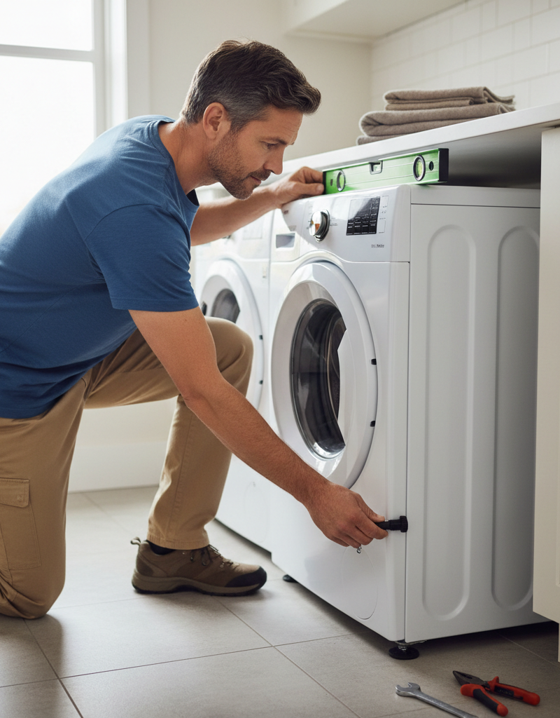 A man leveling a noisy washing machine with a spirit level and wrench.