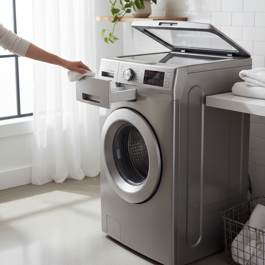 Person performing routine maintenance on a washing machine, cleaning the detergent dispenser.