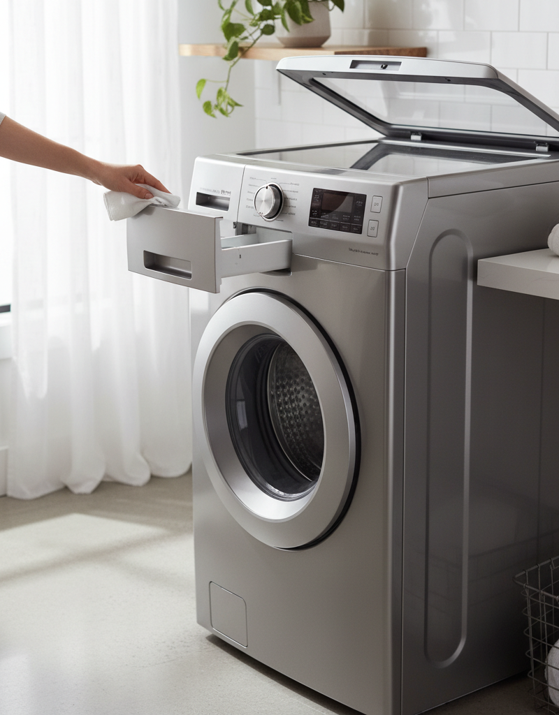 Person performing routine maintenance on a washing machine, cleaning the detergent dispenser.