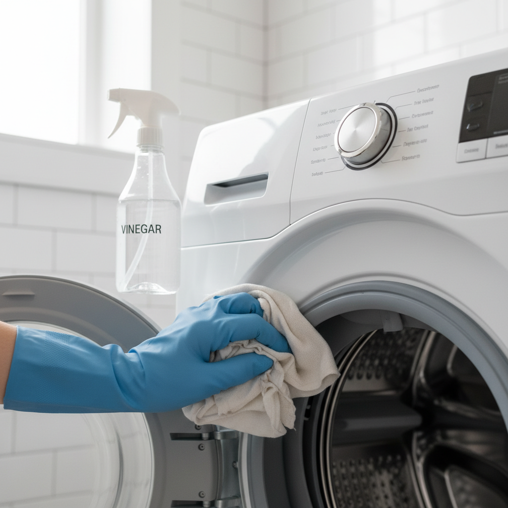 Hand in glove cleaning front-load washing machine door gasket with a spray bottle and cloth