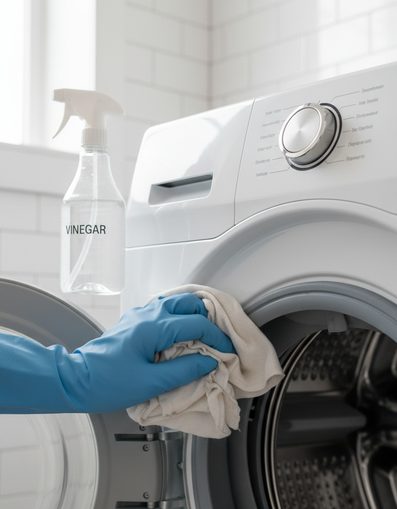 Hand in glove cleaning front-load washing machine door gasket with a spray bottle and cloth