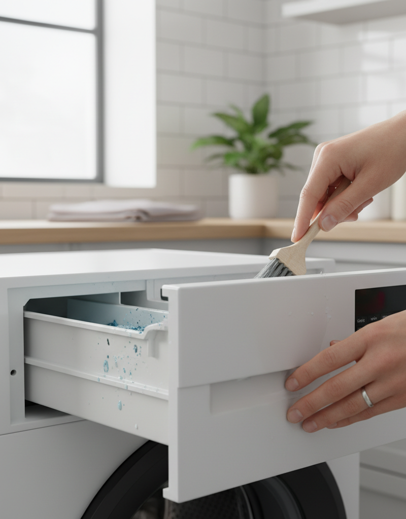 Homeowner cleaning a washing machine's detergent dispenser to prevent buildup and extend its life.