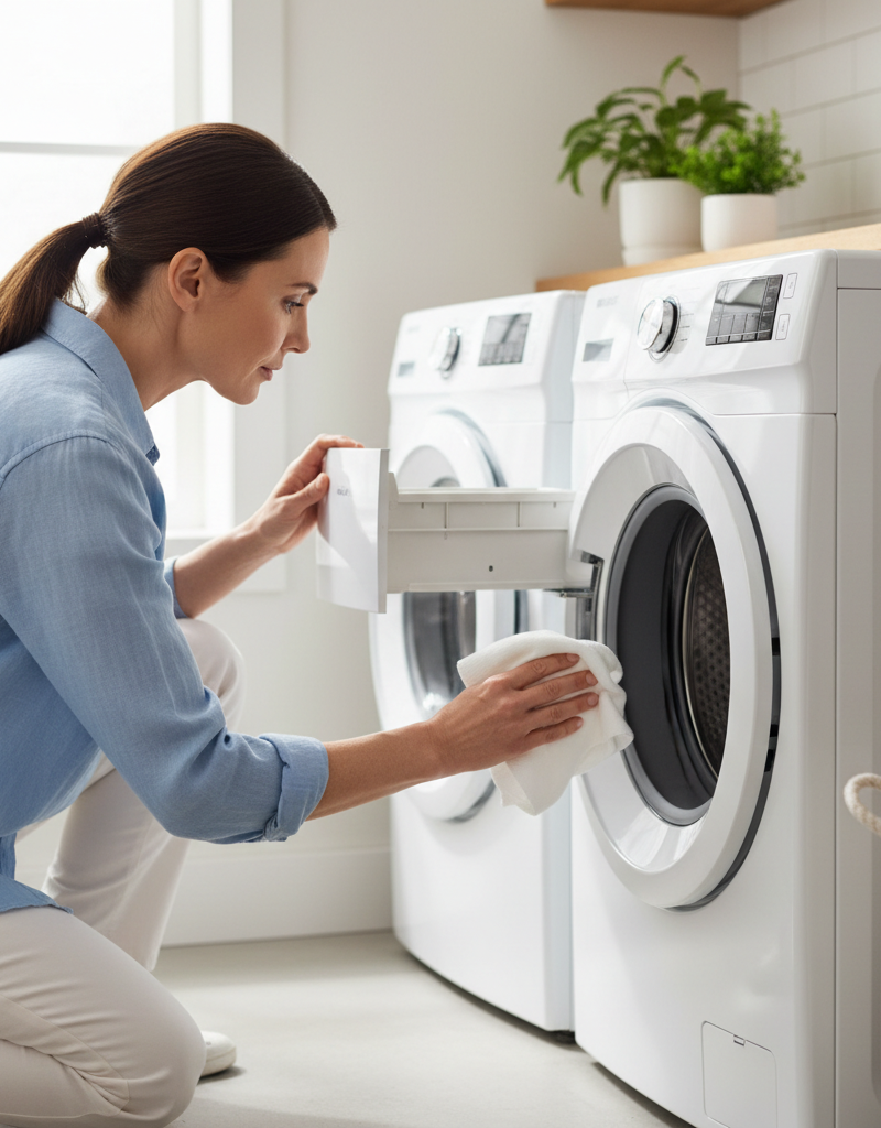 Homeowner cleaning the rubber door gasket of a front-loading washing machine to prevent mold and extend its life.