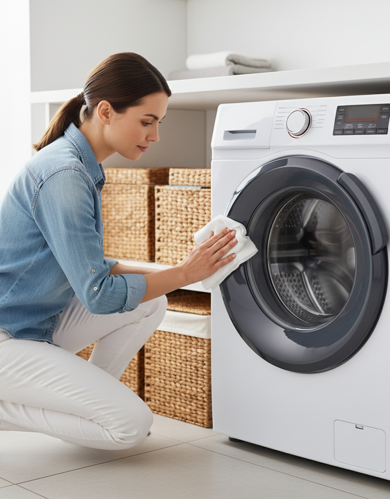 Homeowner wiping down the door gasket of a front-load washing machine as part of maintenance
