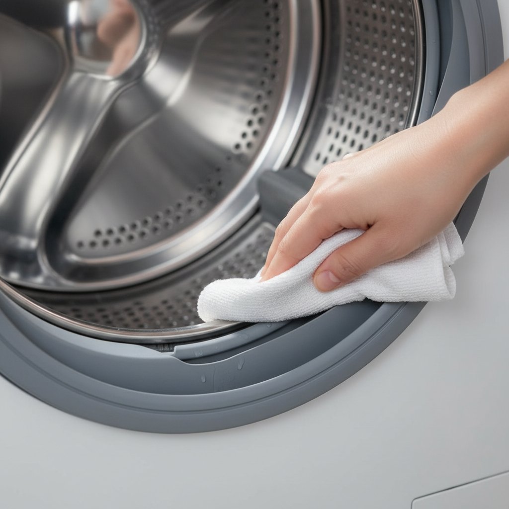 Hand wiping down the rubber gasket of a clean front-load washing machine