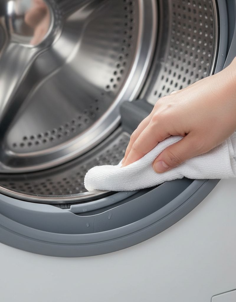 Hand wiping down the rubber gasket of a clean front-load washing machine