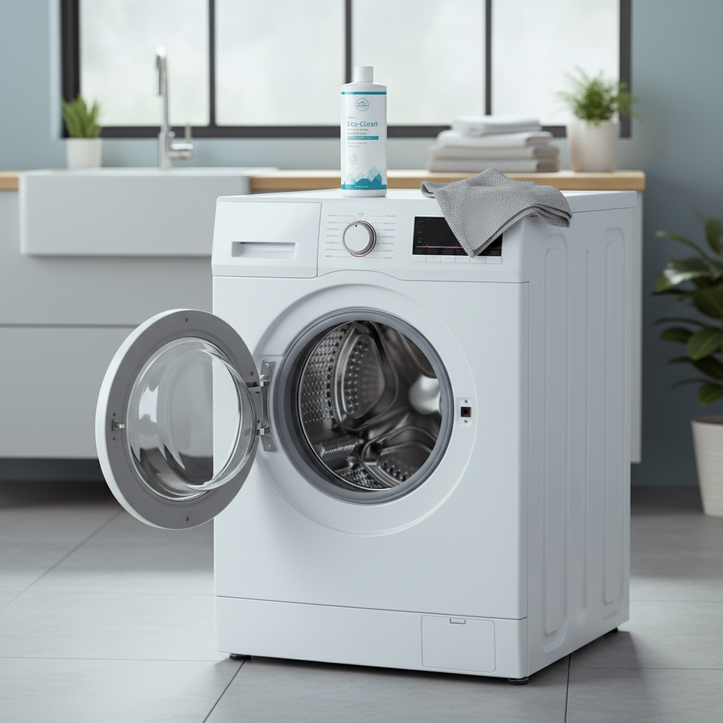 Front-loading washing machine with door open, clean interior, washing machine cleaning supplies