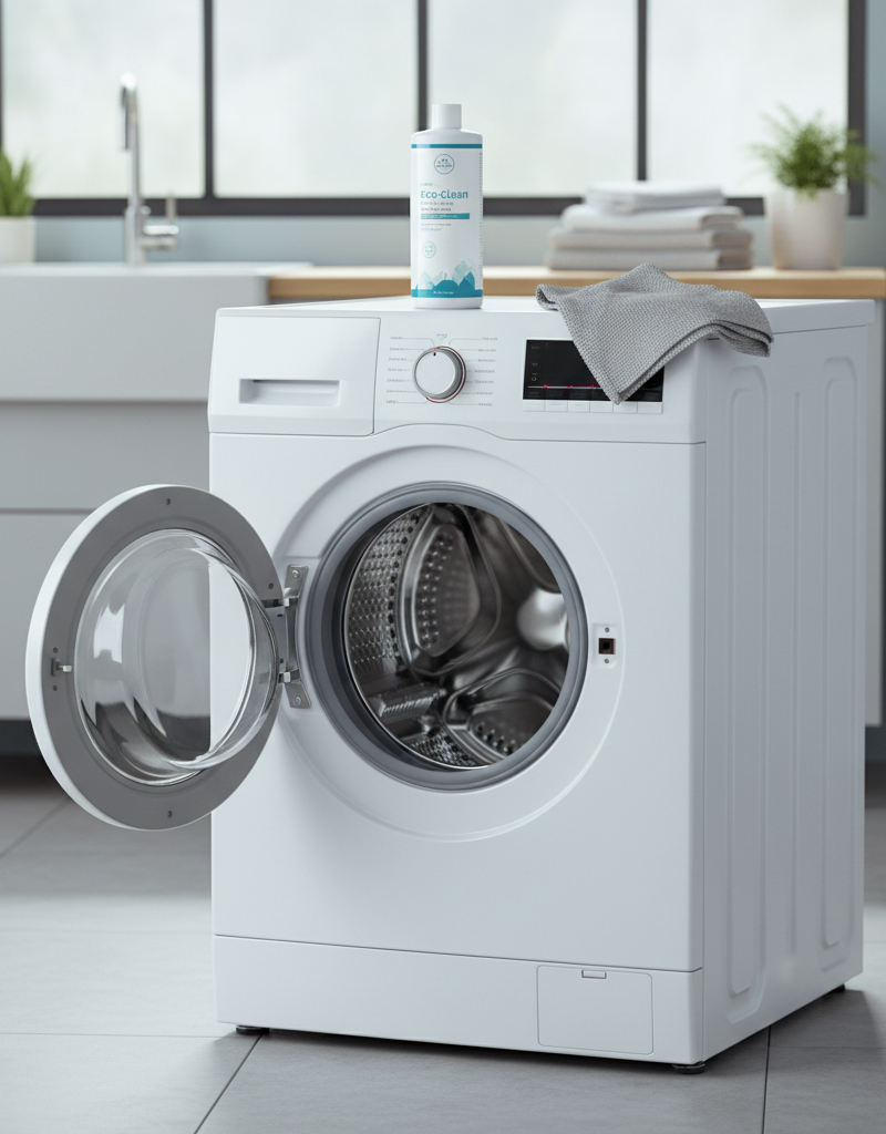 Front-loading washing machine with door open, clean interior, washing machine cleaning supplies