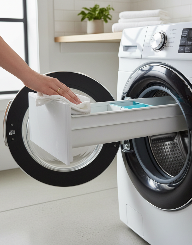 Homeowner cleaning a sparkling washing machine gasket and dispenser for maintenance.