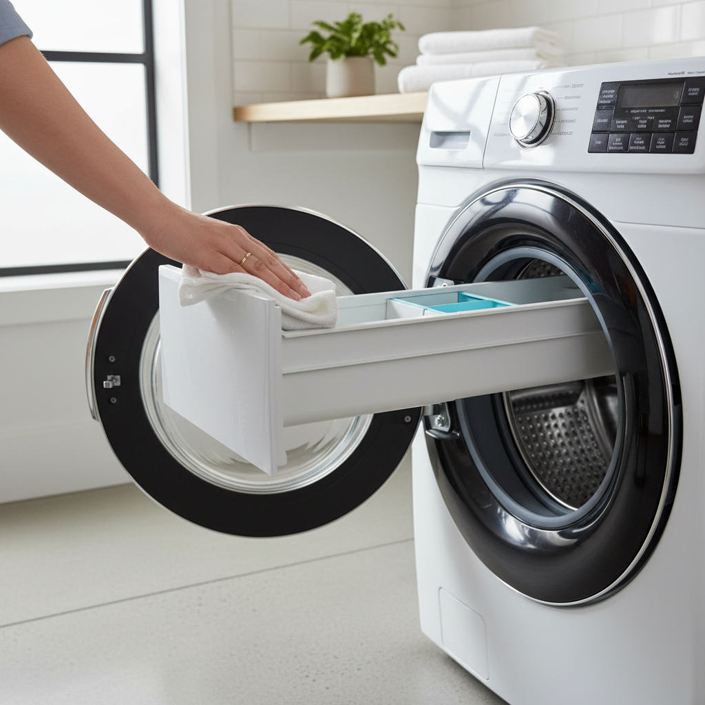 Homeowner cleaning a sparkling washing machine gasket and dispenser for maintenance.