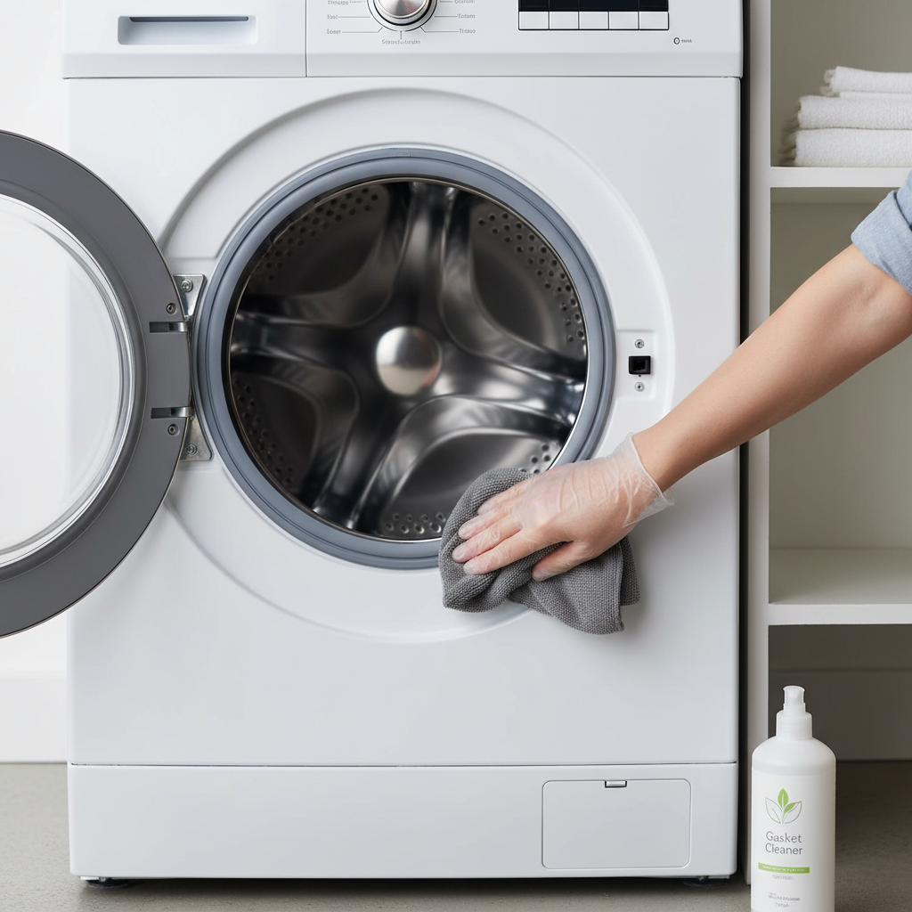 Person cleaning the rubber gasket seal of a front-load washing machine to prevent mold and extend its life.