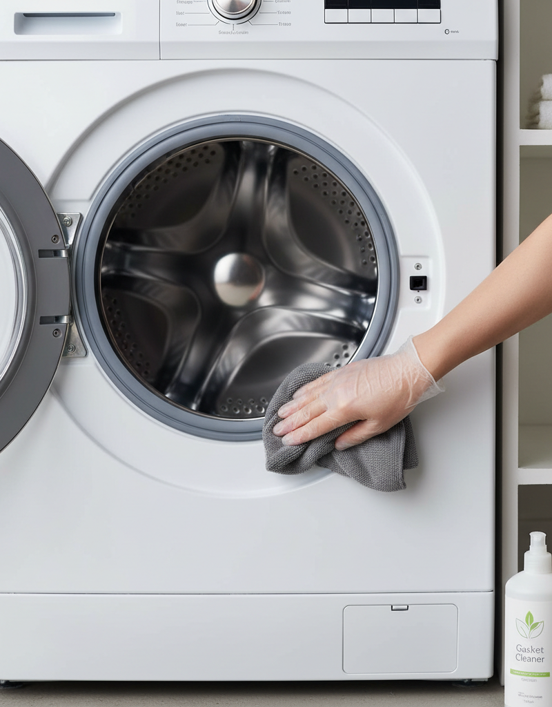 Person cleaning the rubber gasket seal of a front-load washing machine to prevent mold and extend its life.