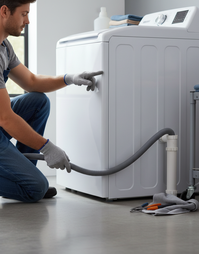 Homeowner inspecting a washing machine drain hose for kinks or clogs
