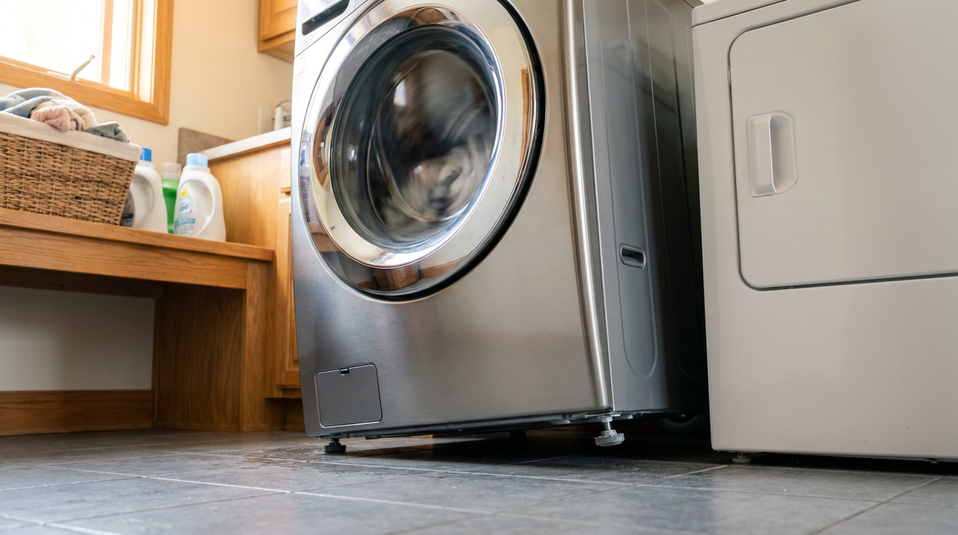 Washing machine vibrating violently on laundry room tile floor with off-balance drum during high-speed spin cycle