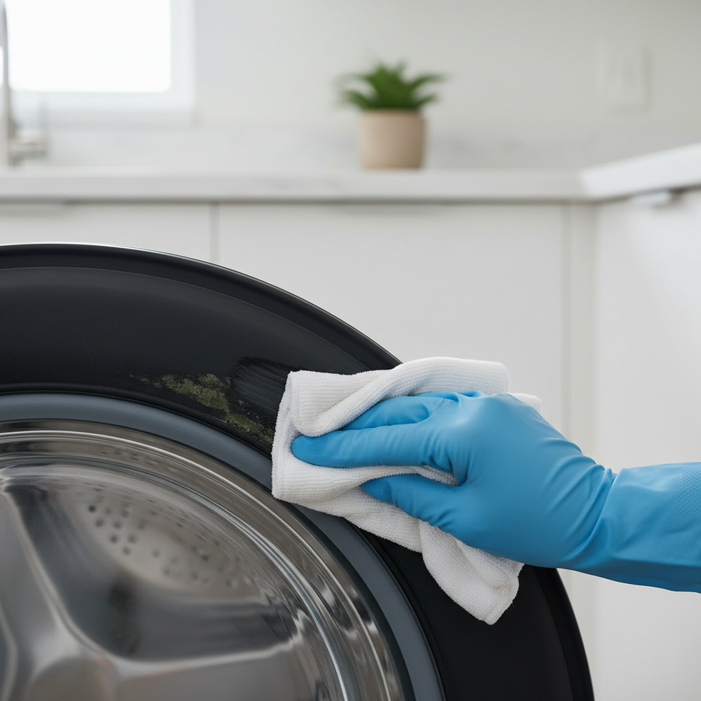A homeowner wearing gloves wiping away mildew from the rubber gasket inside a front-load washing machine drum.