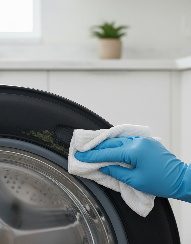 A homeowner wearing gloves wiping away mildew from the rubber gasket inside a front-load washing machine drum.