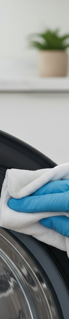 A homeowner wearing gloves wiping away mildew from the rubber gasket inside a front-load washing machine drum.