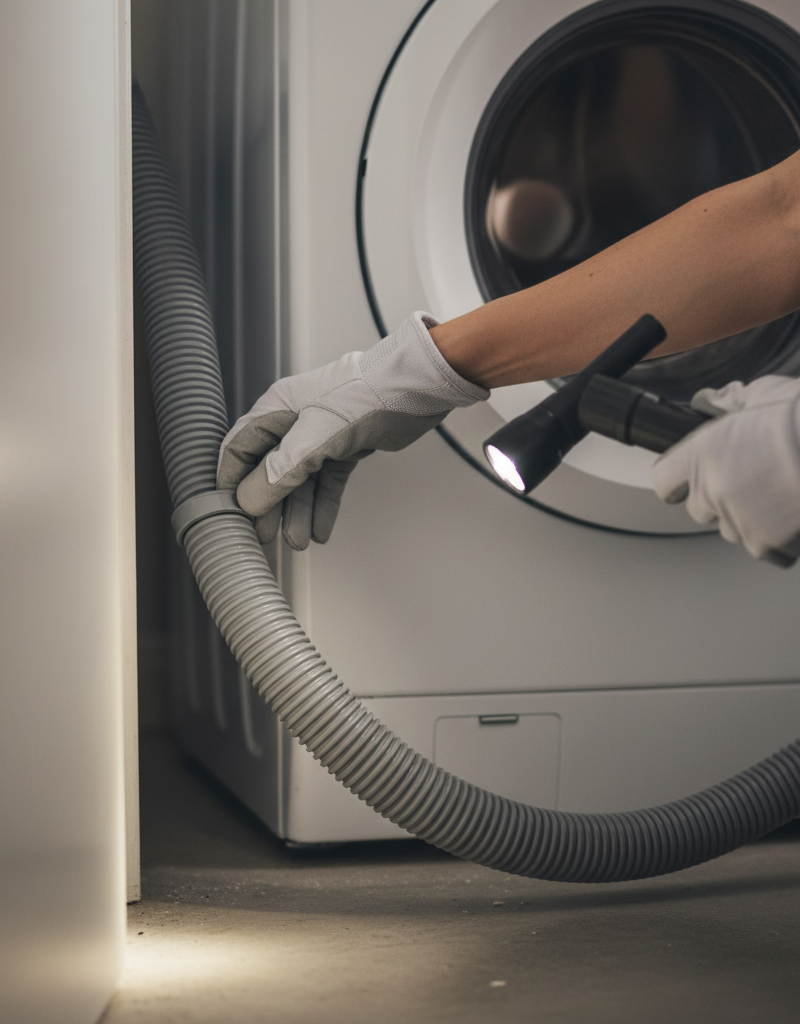 Homeowner checking for a kink in a washing machine drain hose.