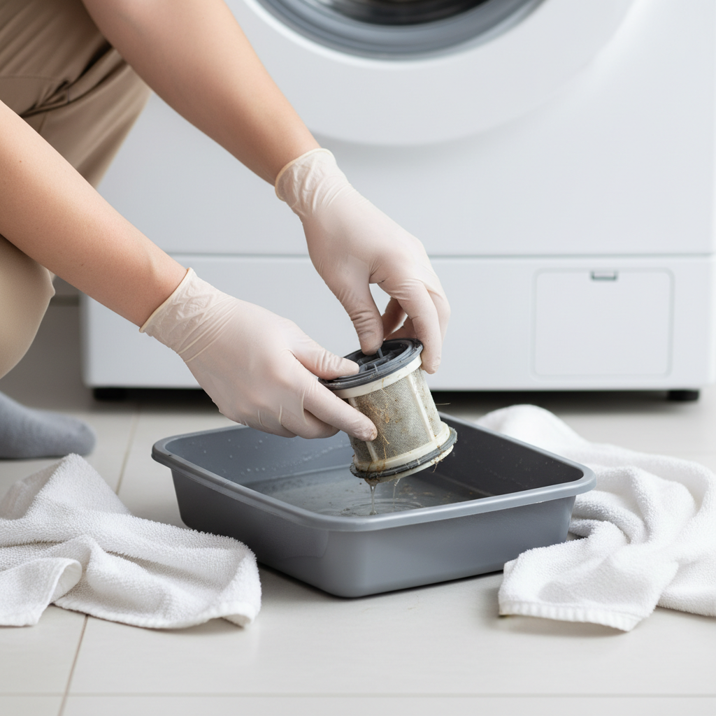 Homeowner's hands cleaning a washing machine drain pump filter with towels and a pan