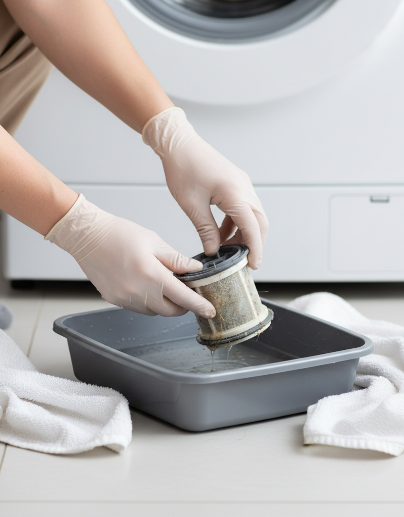 Homeowner's hands cleaning a washing machine drain pump filter with towels and a pan