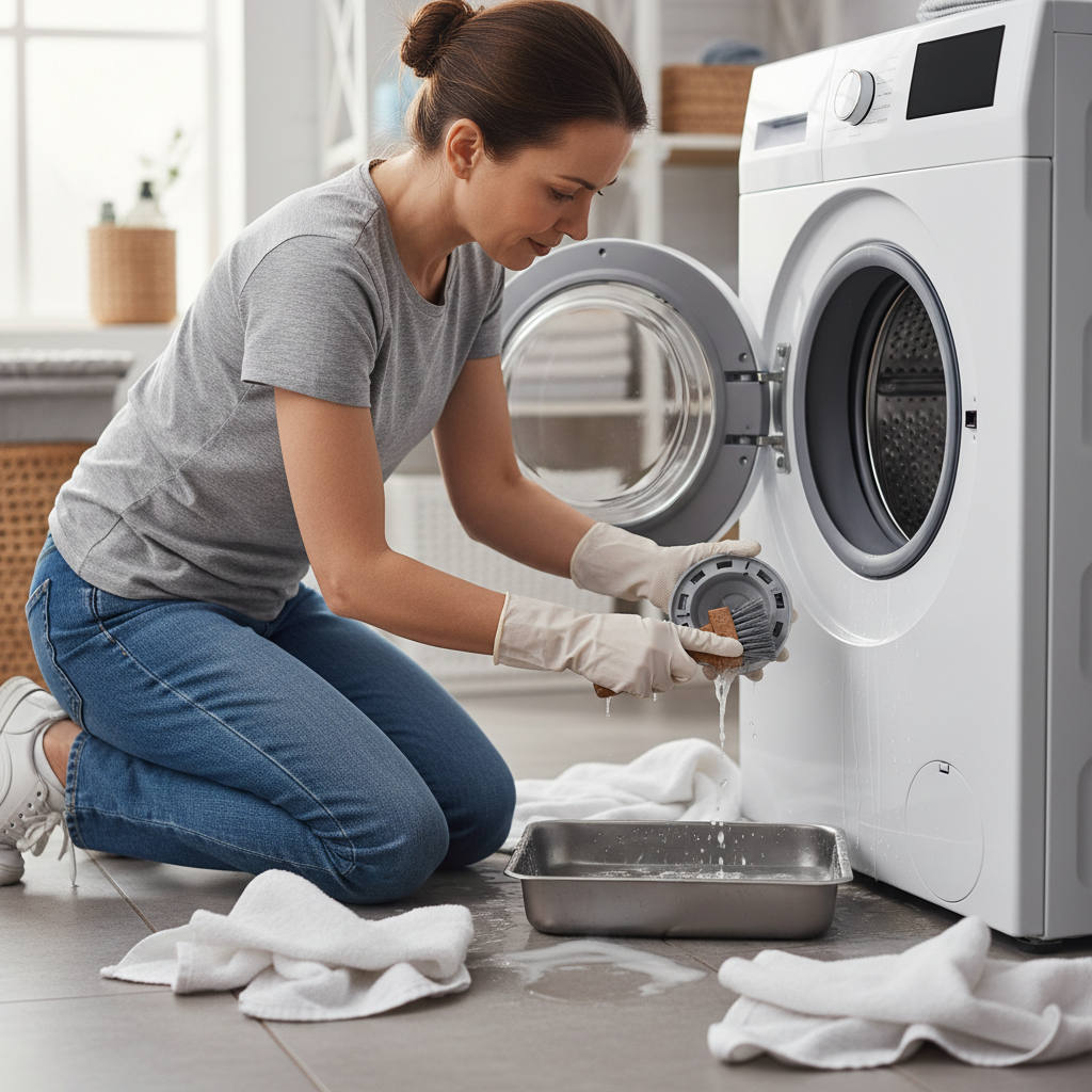 Homeowner cleaning a washing machine drain pump filter, surrounded by towels and a small pan.