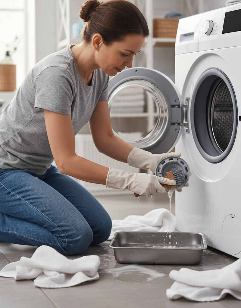 Homeowner cleaning a washing machine drain pump filter, surrounded by towels and a small pan.