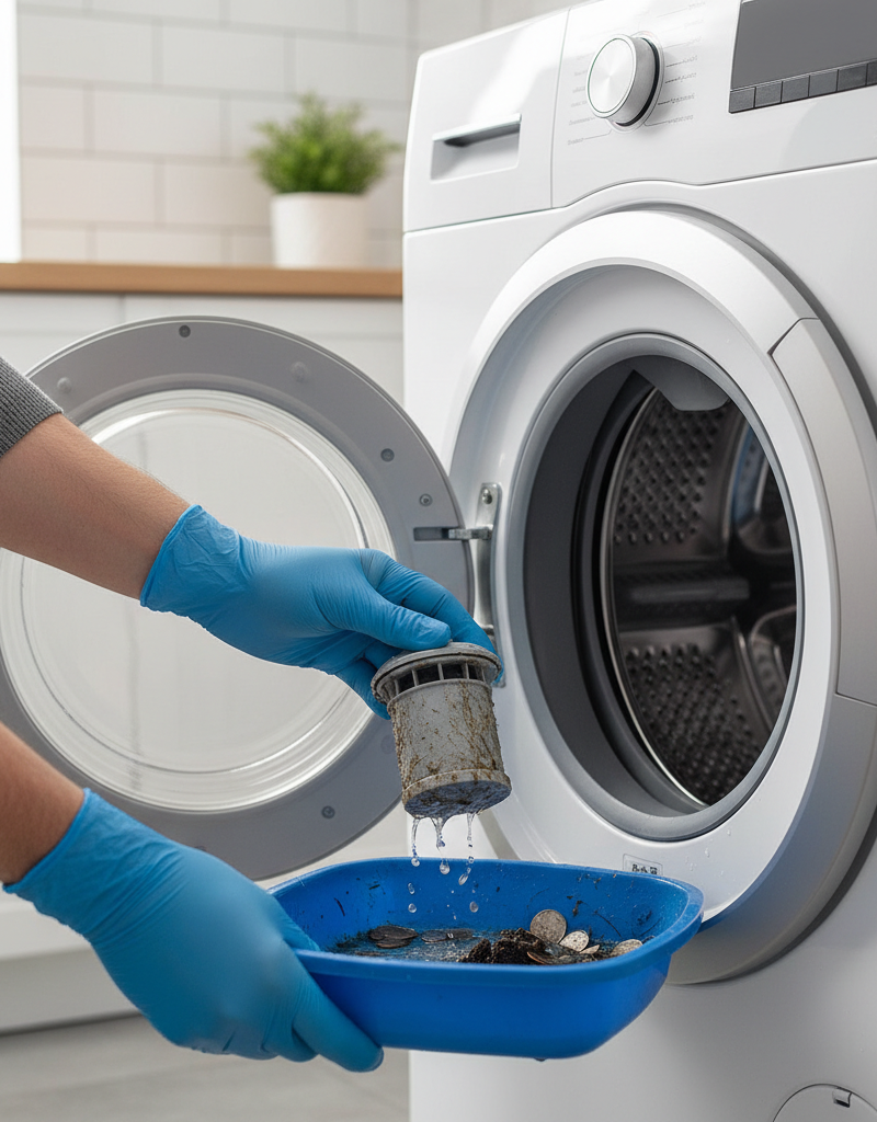 Homeowner removing a clogged drain pump filter from a washing machine.