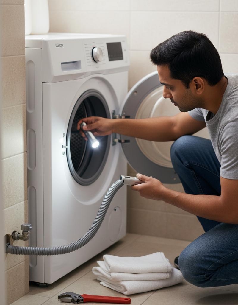 Homeowner inspecting a washing machine drain hose for kinks or clogs to fix a non-spinning, non-draining washer.