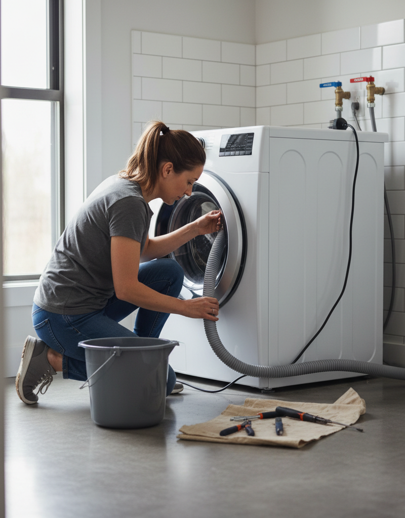 Homeowner inspecting a washing machine drain hose for clogs
