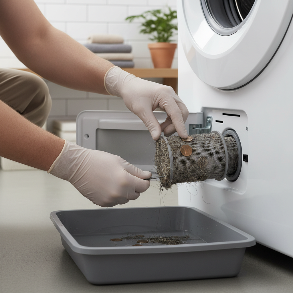 Homeowner removing a clogged drain pump filter from a washing machine.