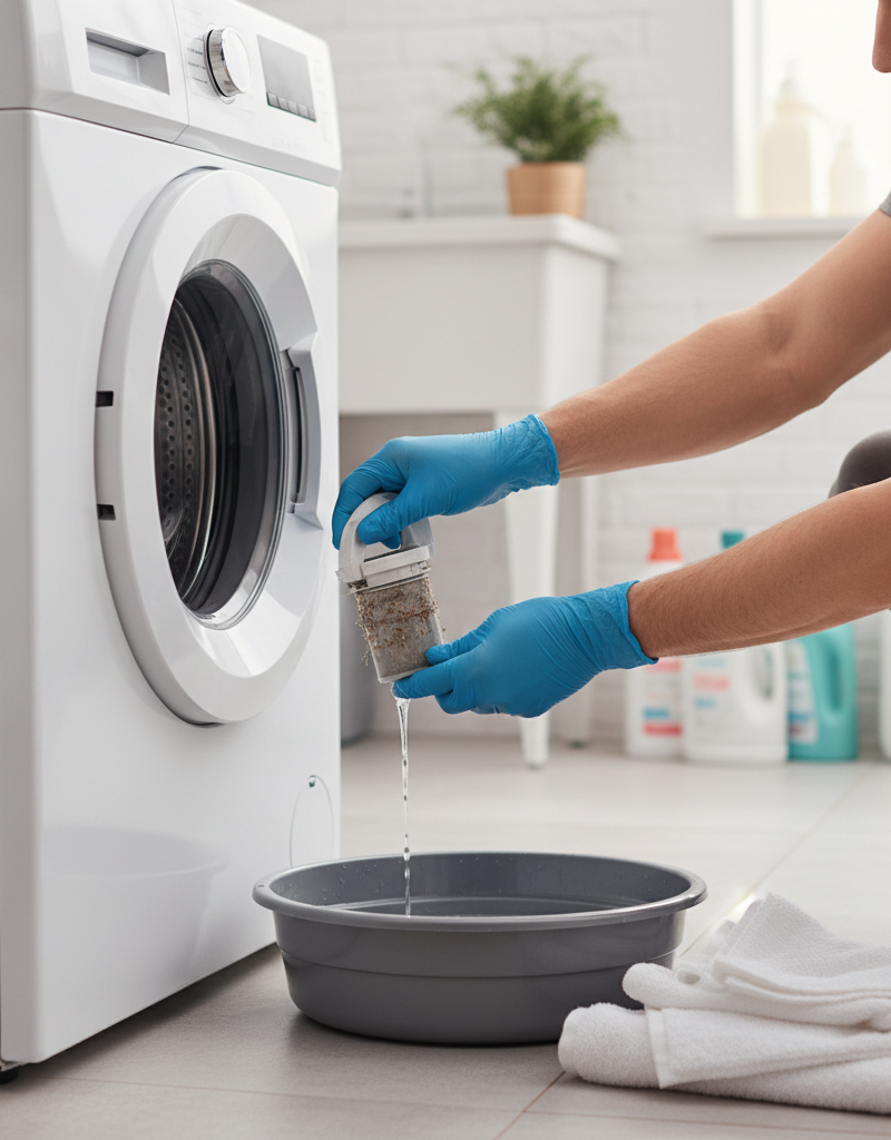 Homeowner cleaning a washing machine drain pump filter with towels and shallow pan