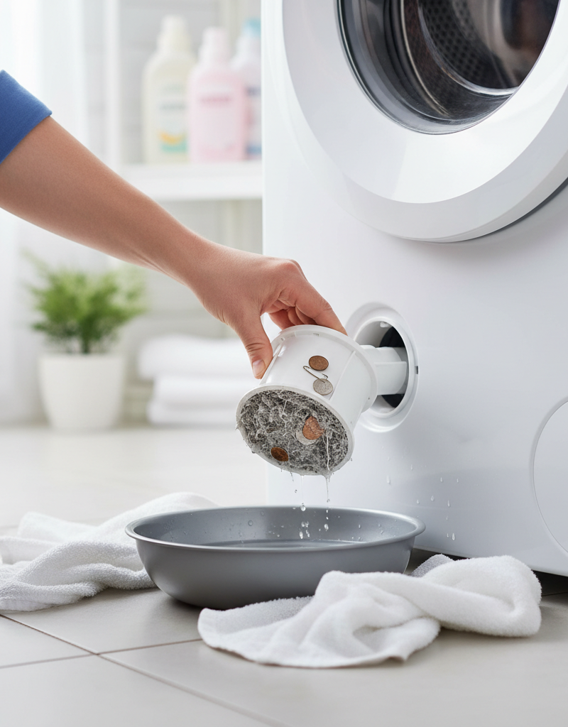 Hand removing and cleaning a clogged washing machine drain pump filter.