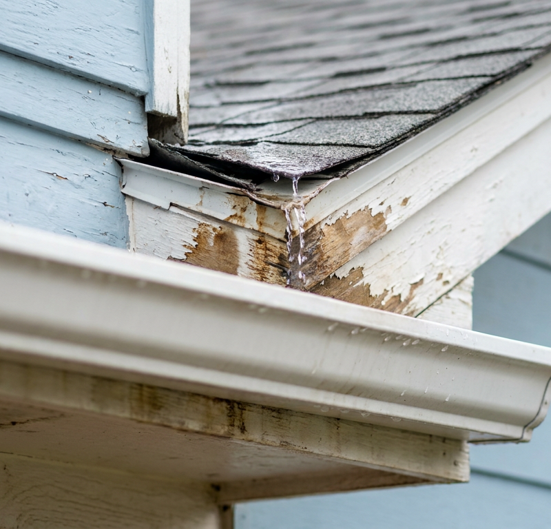 Close-up of water dripping from behind a white gutter, showing water damage on the fascia board due to a missing drip edge.