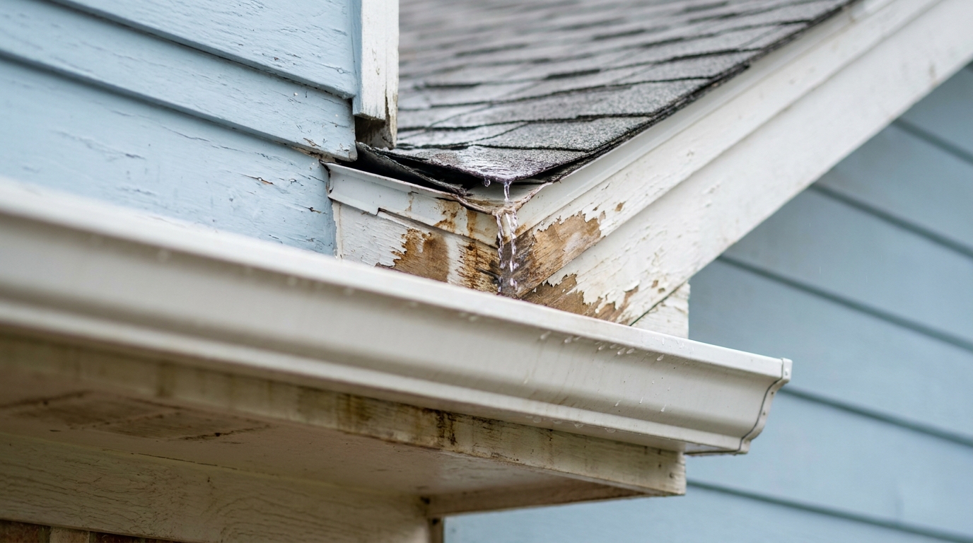 Close-up of water dripping from behind a white gutter, showing water damage on the fascia board due to a missing drip edge.