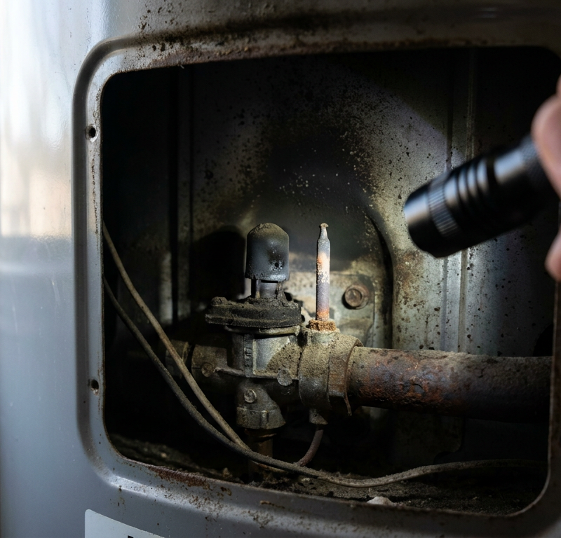 Close-up of an unlit pilot light and dirty thermocouple inside a gas water heater's burner chamber.