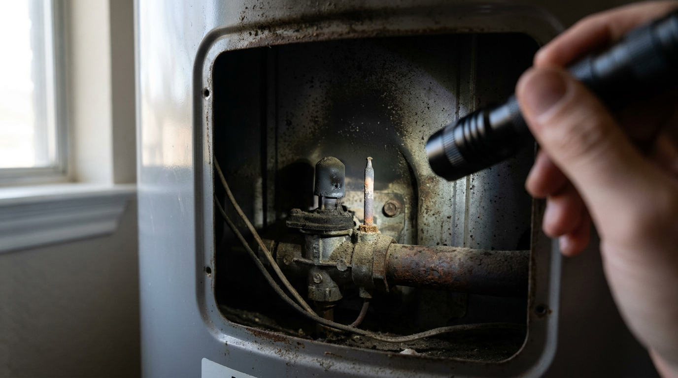Close-up of an unlit pilot light and dirty thermocouple inside a gas water heater's burner chamber.
