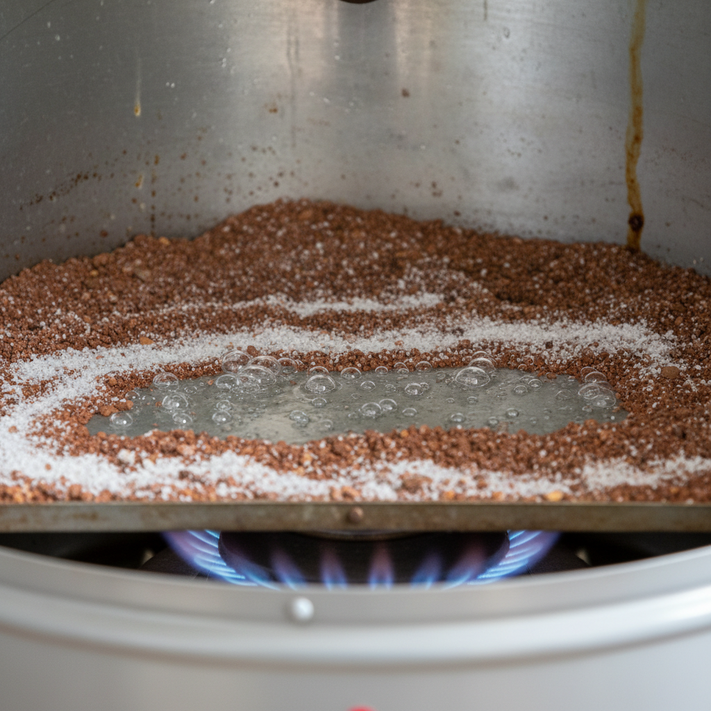 Illustration of sediment buildup at the bottom of a hot water heater tank causing popping noises.