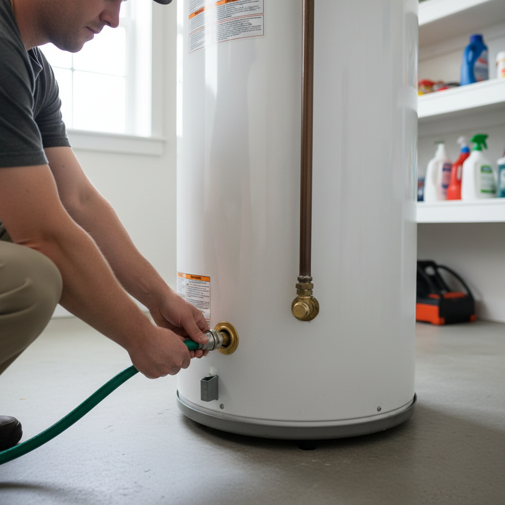 Homeowner connecting a garden hose to a water heater drain valve to flush sediment.