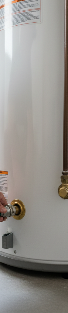 Homeowner connecting a garden hose to a water heater drain valve to flush sediment.