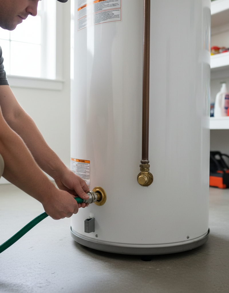 Homeowner connecting a garden hose to a water heater drain valve to flush sediment.